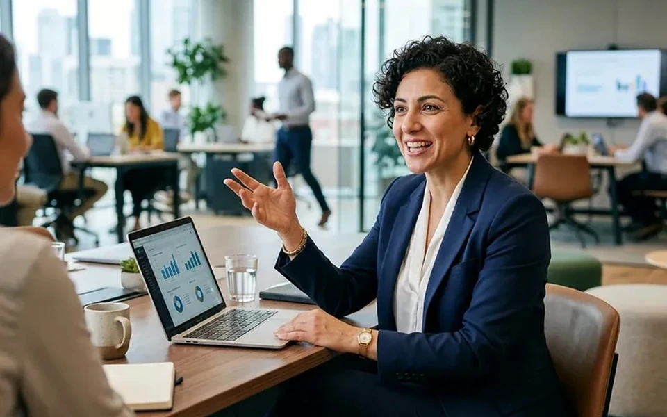 Digital versierte Frau im persönlichen Beratungsgespräch.